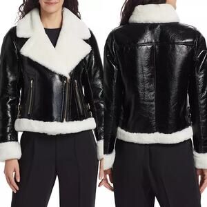 Generation Love Dion Faux Fur Shearling Trimmed Moto Jacket Black White NWT XS